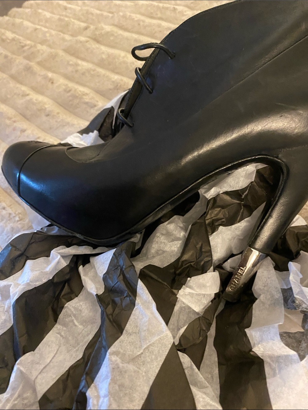 Chanel Black Leather Lace-Up High Heel Booties - Chanel - Picture 1 of 7